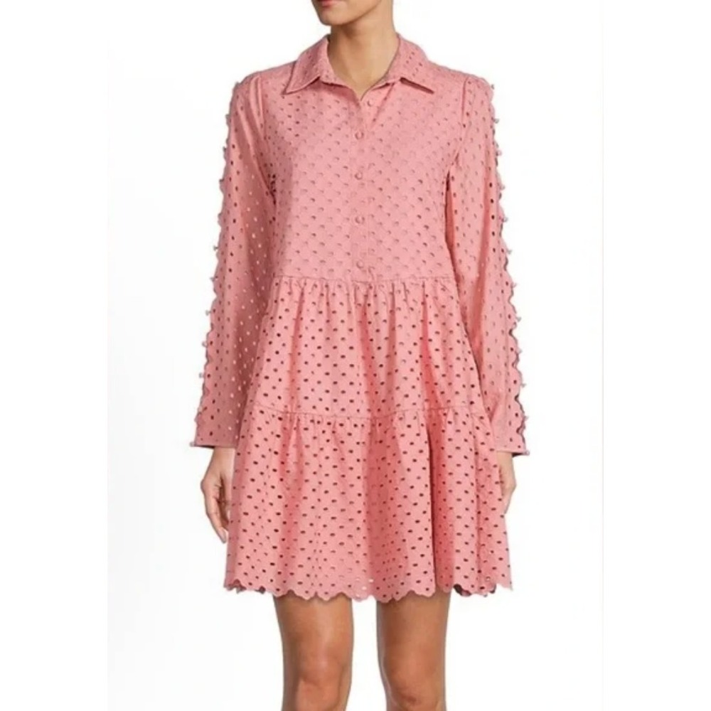 Antonio Melani Pink Eyelet Babydoll Mini Dress Scalloped Hem Long Sleeve Sz 14